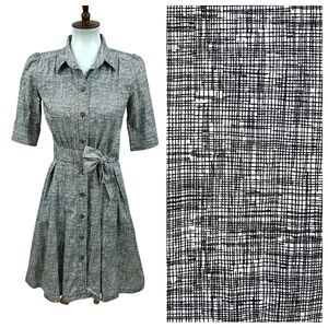 Archerie Retro Collared Button Up Crosshatch Pocket Cotton Faux Wrap Shirt Dress